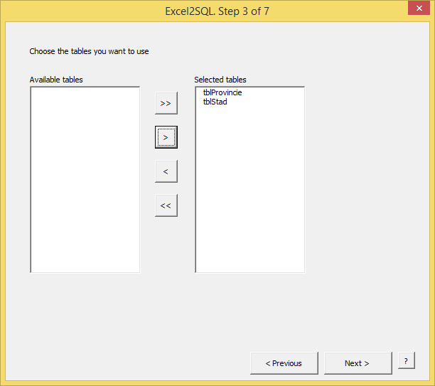 The Excel2SQL wizard from HJGSoft Adequate: Choosing tables
