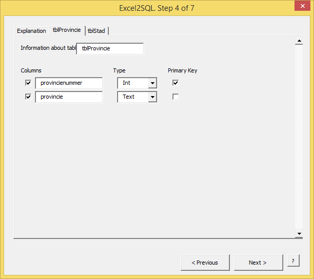 The Excel2SQL wizard from HJGSoft Adequate: Table settings